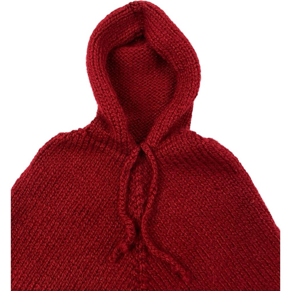 Vintage Infant Girls Hand Knit Poncho Burgundy Pullover Hooded Poncho 12 months - Picture 2 of 3
